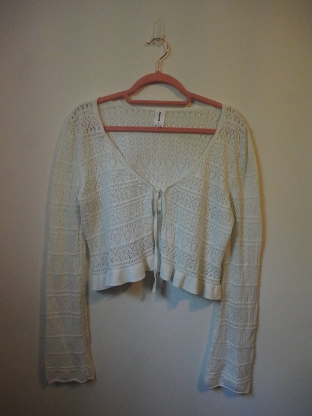 Abound Lightweight Crochet Tie-Front Sweater White Cotton Cardigan Size Large